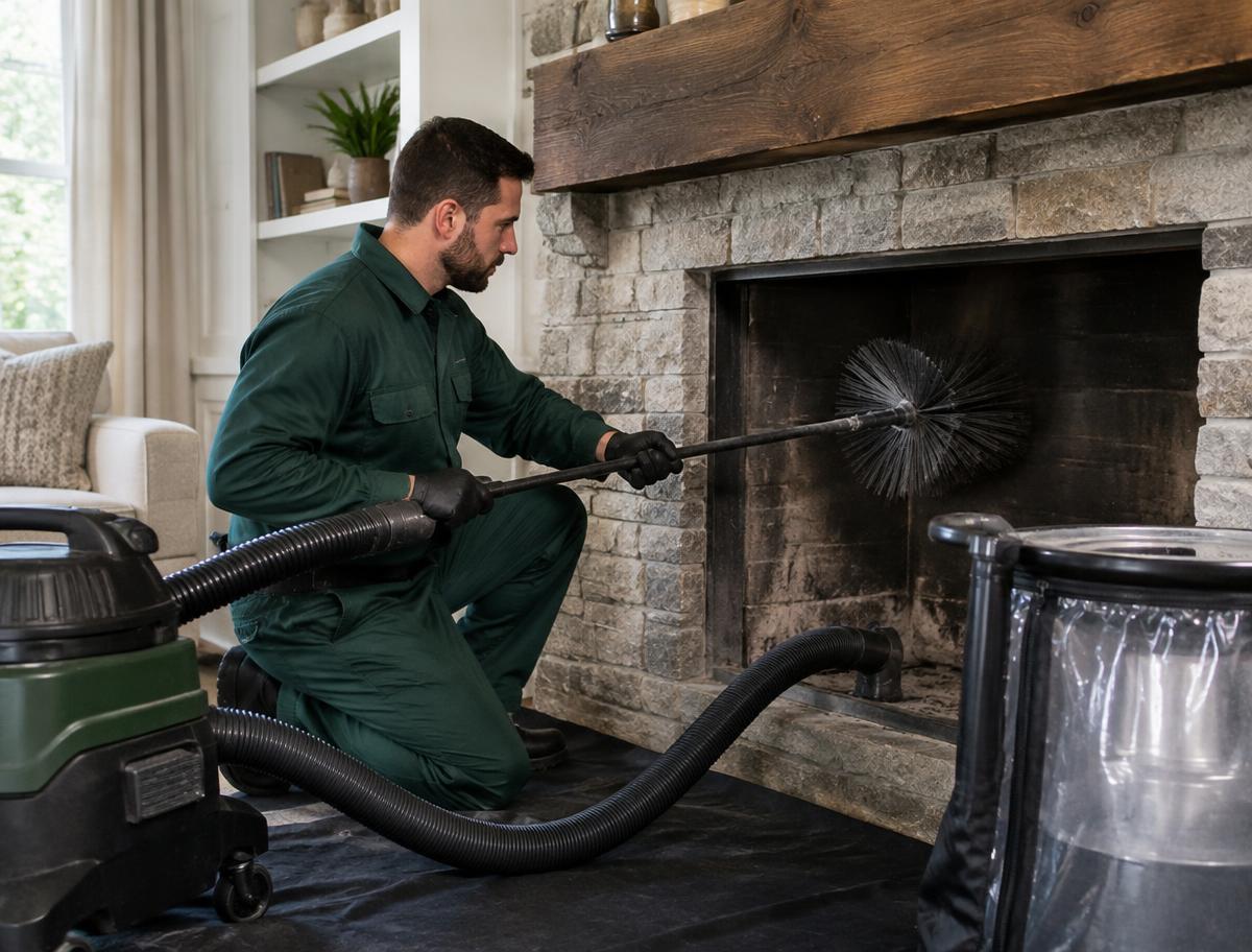 Chimney sweep using brushes and HEPA dust containment equipment