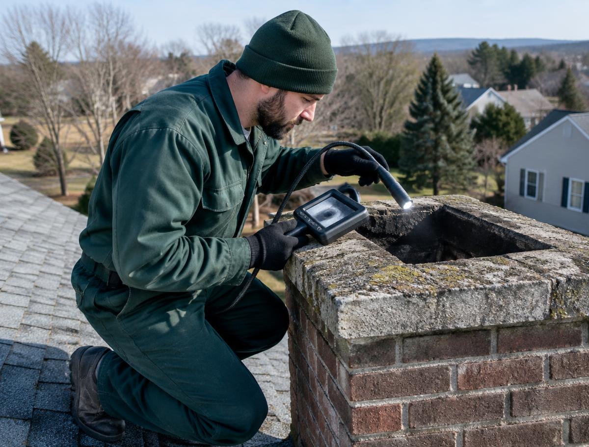 Technician inspecting a chimney with a video camera and flashlight