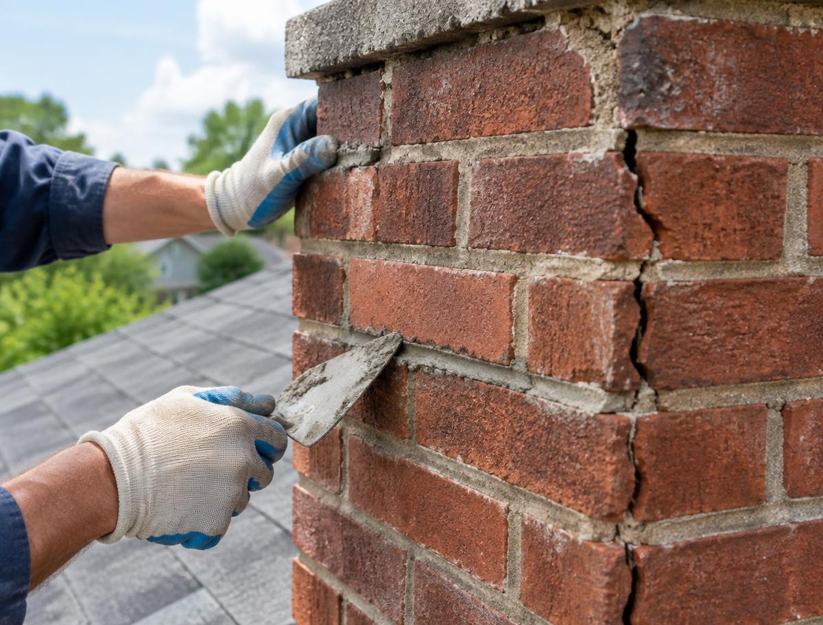 Masonry specialist repairing cracks and mortar on a brick chimney
